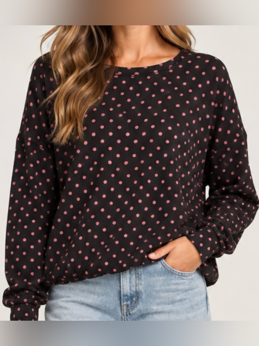 Oddi Bubble Hem Polka Dot Crewneck Sweater - Dark Grey with Pink Dots NWT